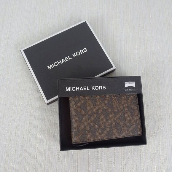 MICHAEL KORS Men's Wallet JET SET Slim Billfold Logo MK Brown Black New In Box - Picture 2 of 9